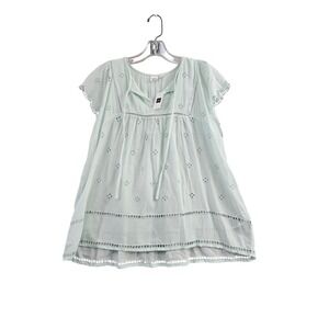 Gap SS Tie Blouse Womens Medium Mint Green Solid Eyelet Lace Boho Flutter Sleeve